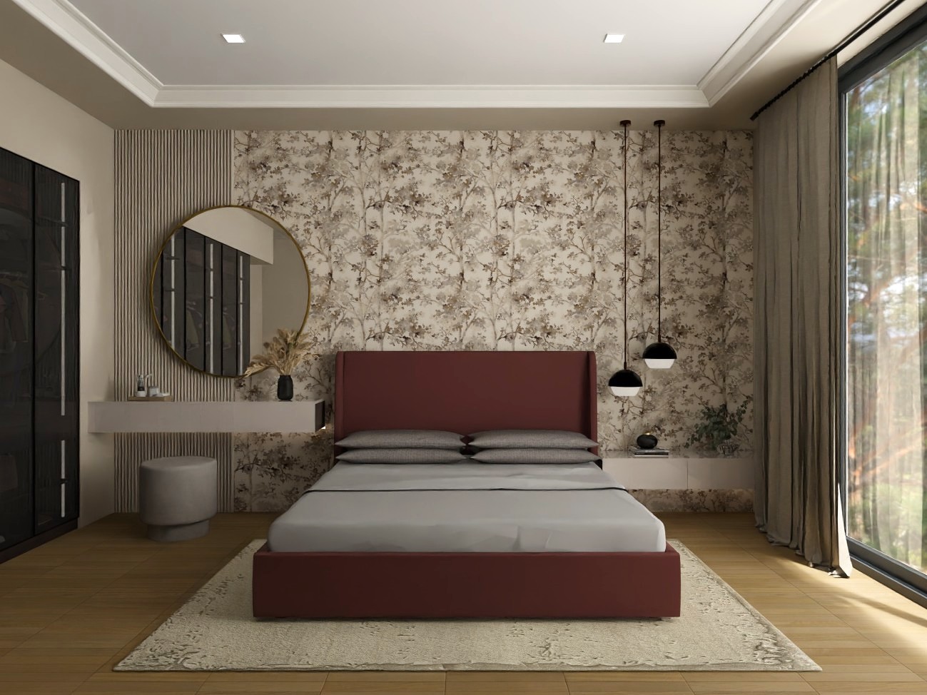 Modern bedroom with wall art and pendant lights - Beautiful Homes