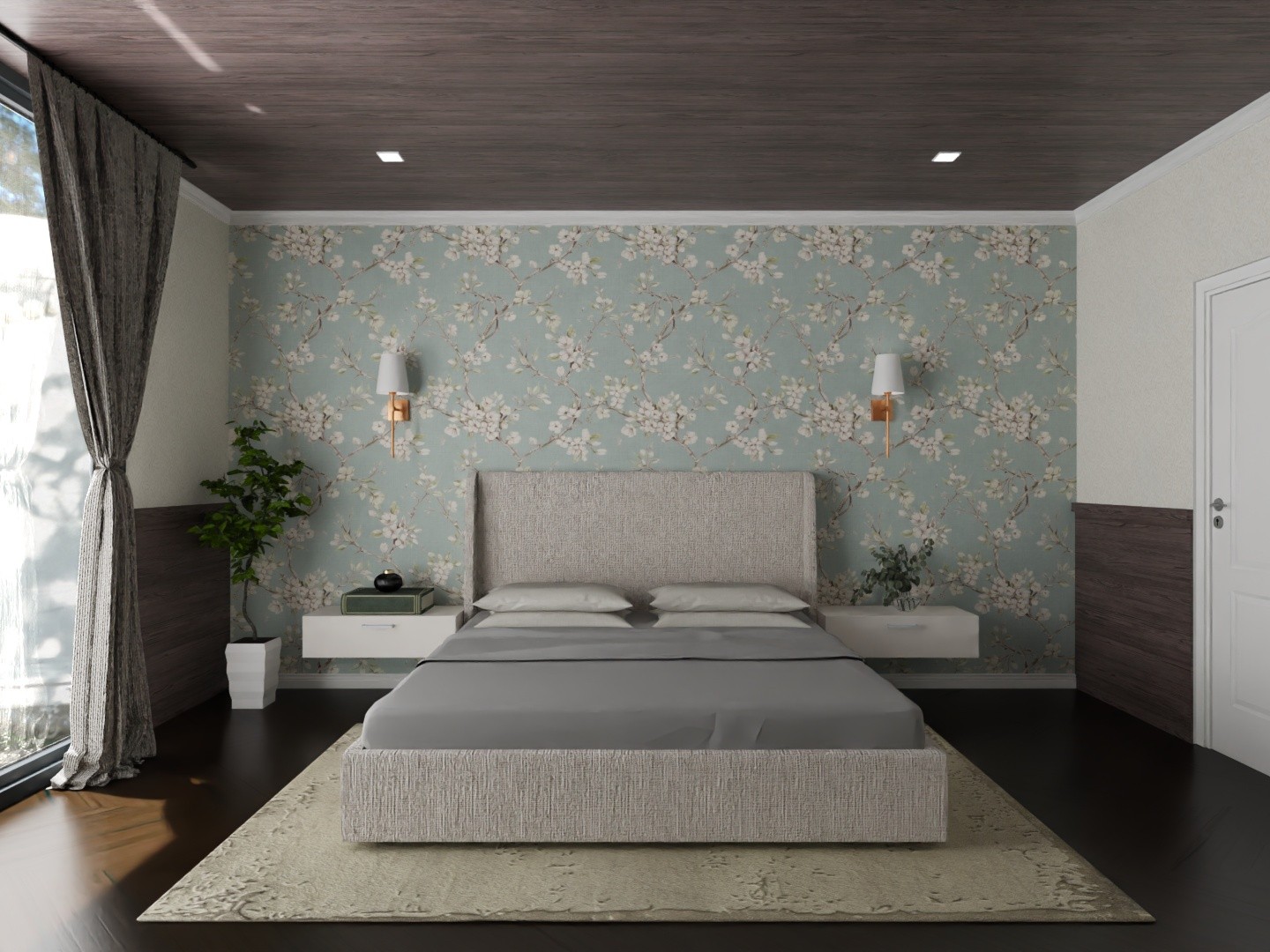 Modern bedroom with floral wall and grey bed - Beautiful Homes