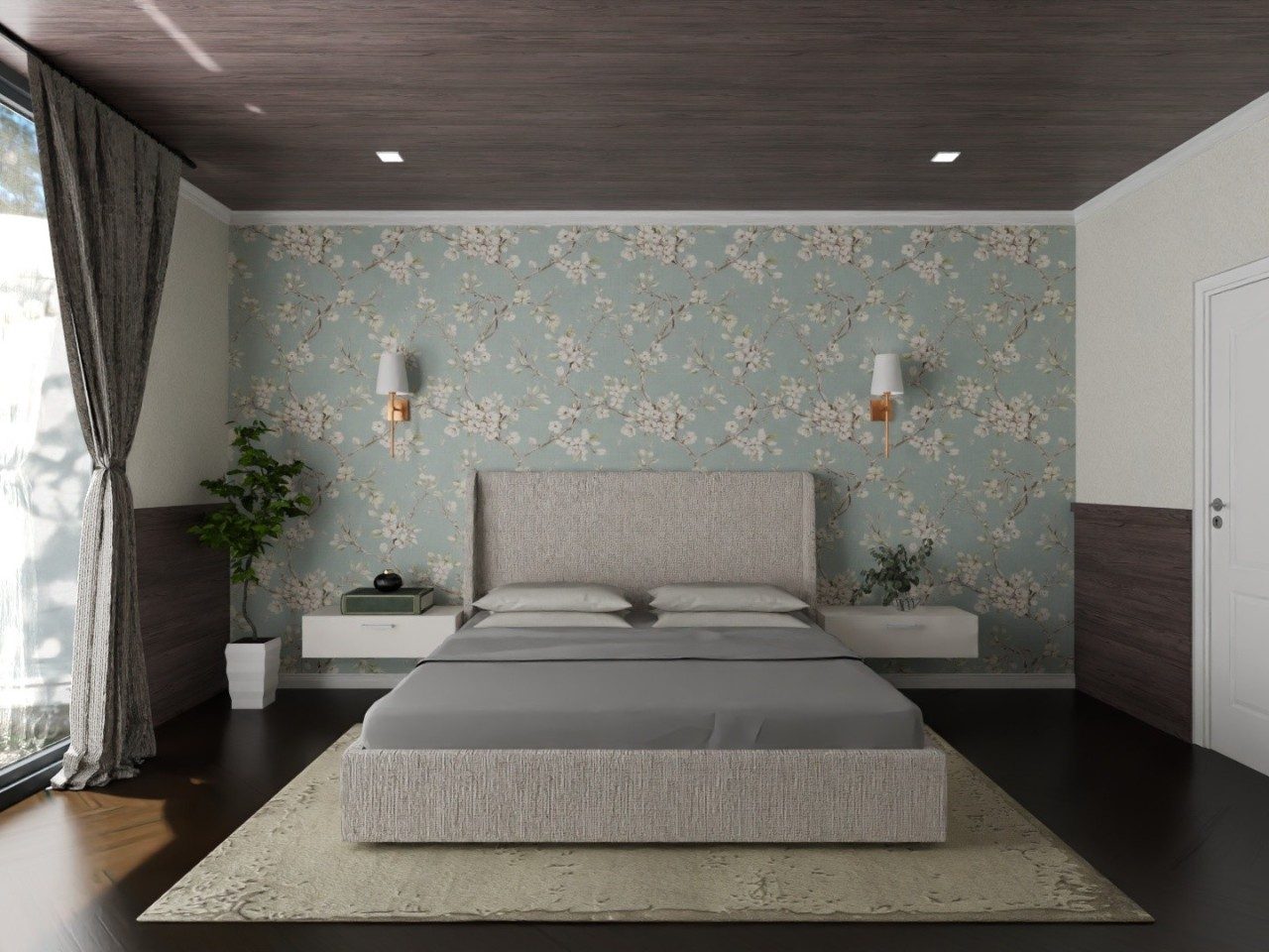 Modern bedroom with floral wall and grey bed - Beautiful Homes