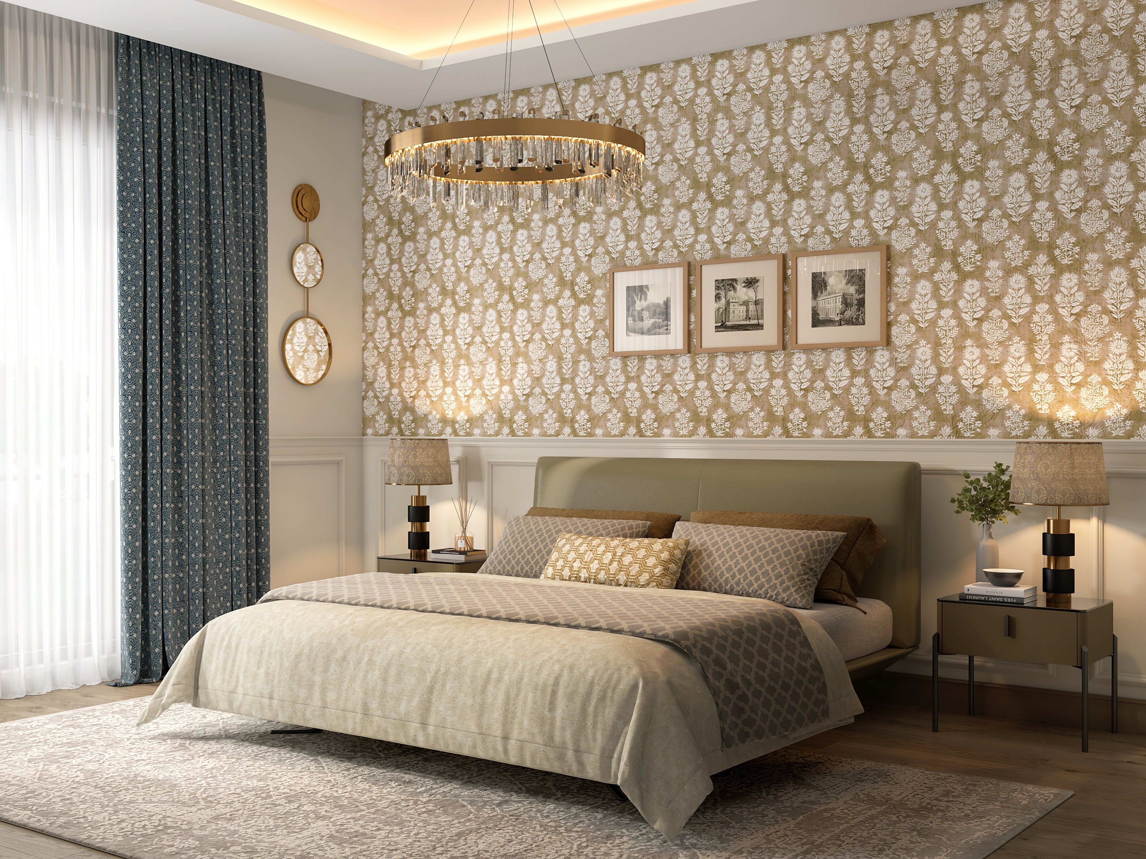 Luxurious bedroom featuring a tufted bed, motif wallpaper, gold chandelier, and layered textiles - Beautiful Homes