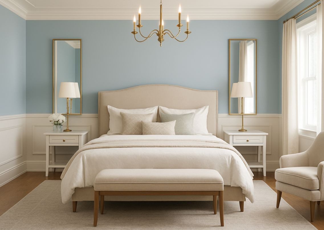 Elegant bedroom with beige bed and blue wall - Beautiful Homes