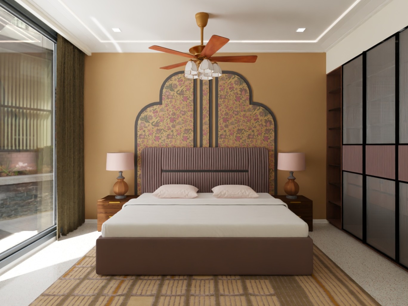 Modern bedroom with floral headboard and wardrobe - Beautiful Homes