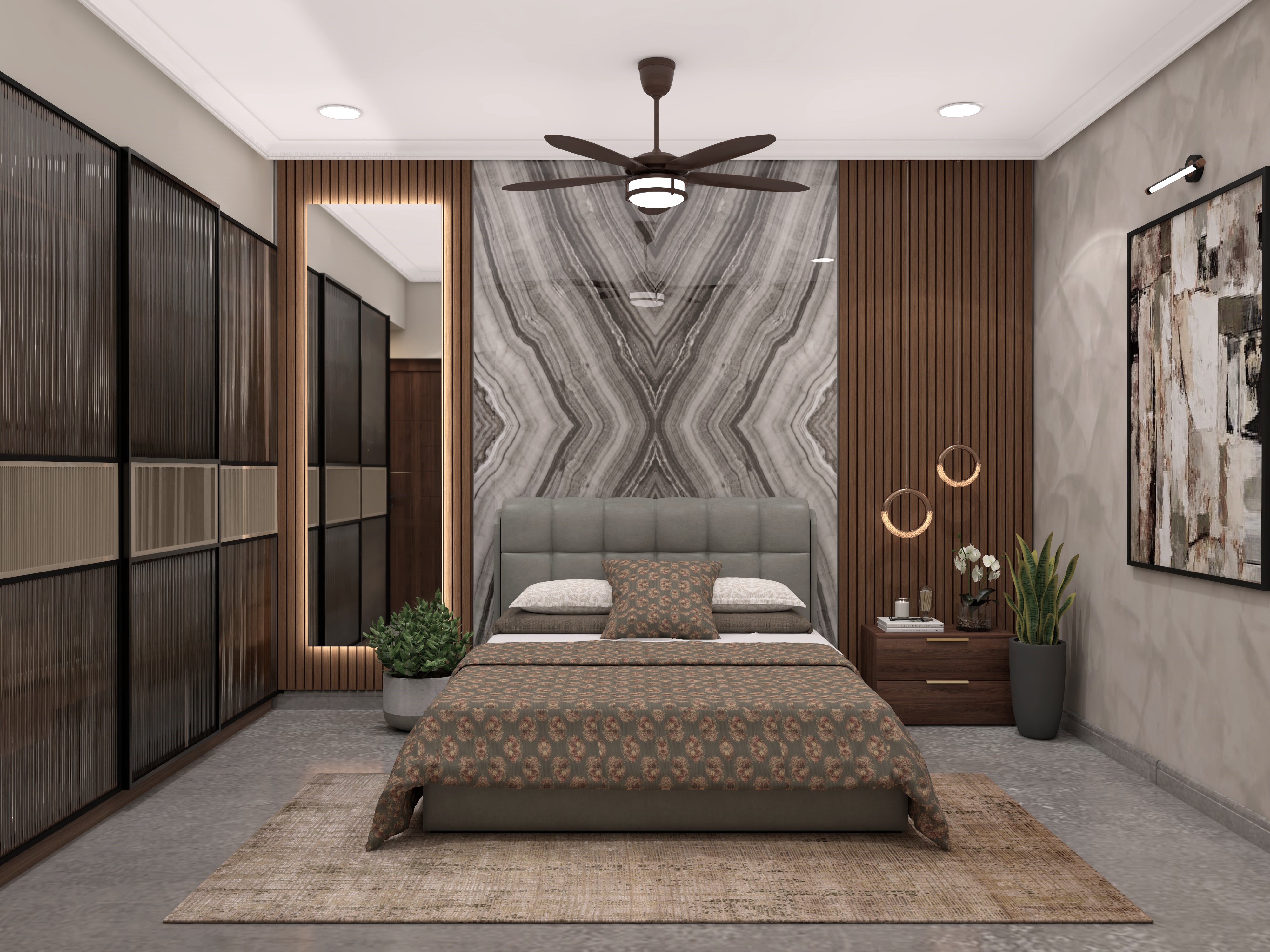 Master bedroom in brown and geometric marble walls - Beautiful Homes