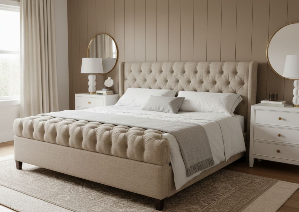 Neutral bedroom with tufted bed and elegant décor - Beautiful Homes
