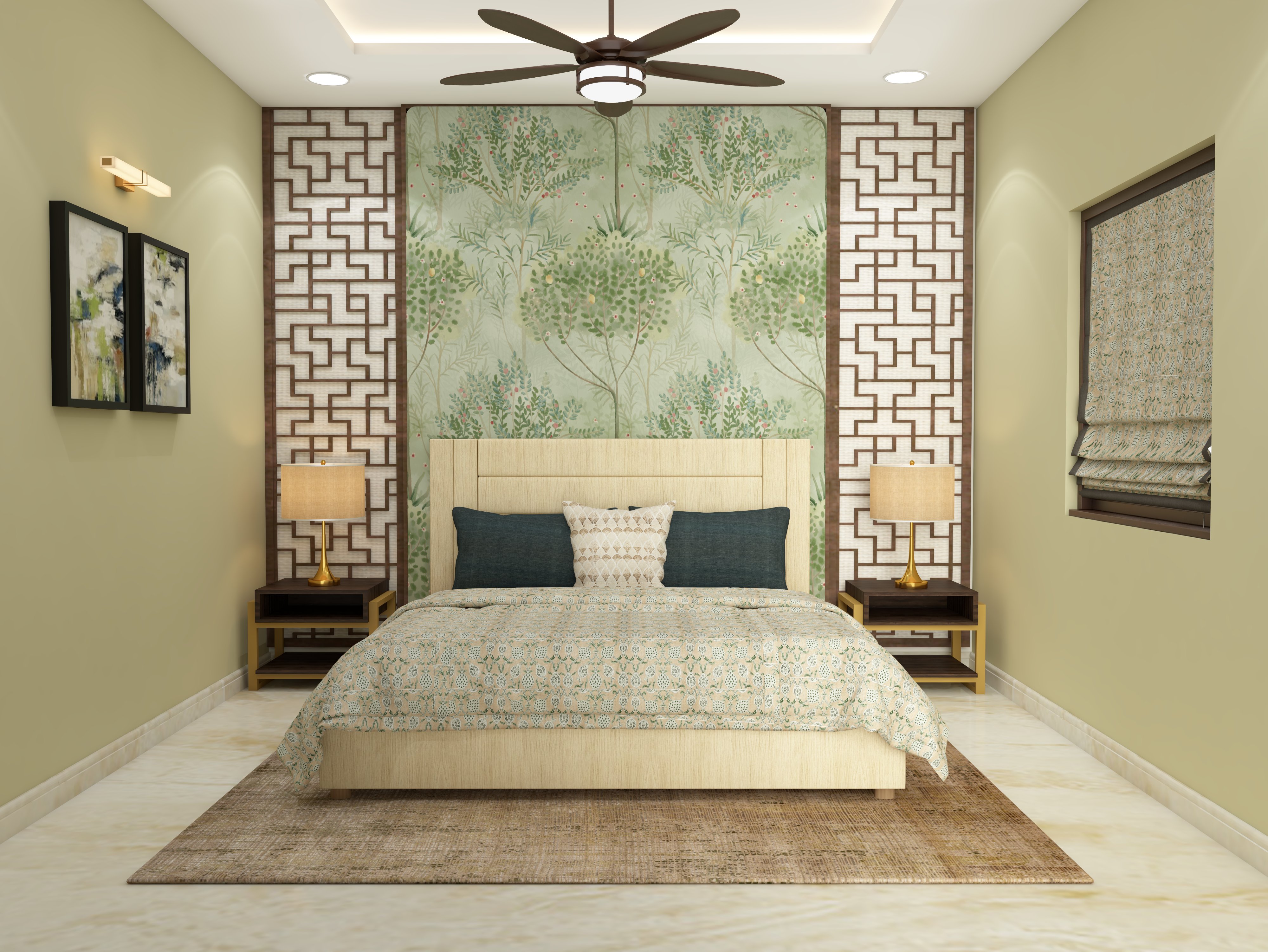 Tropical design bedroom with Yorskshire queen bed and Astaire side table along with white teak table lamp - Beautiful Homes
