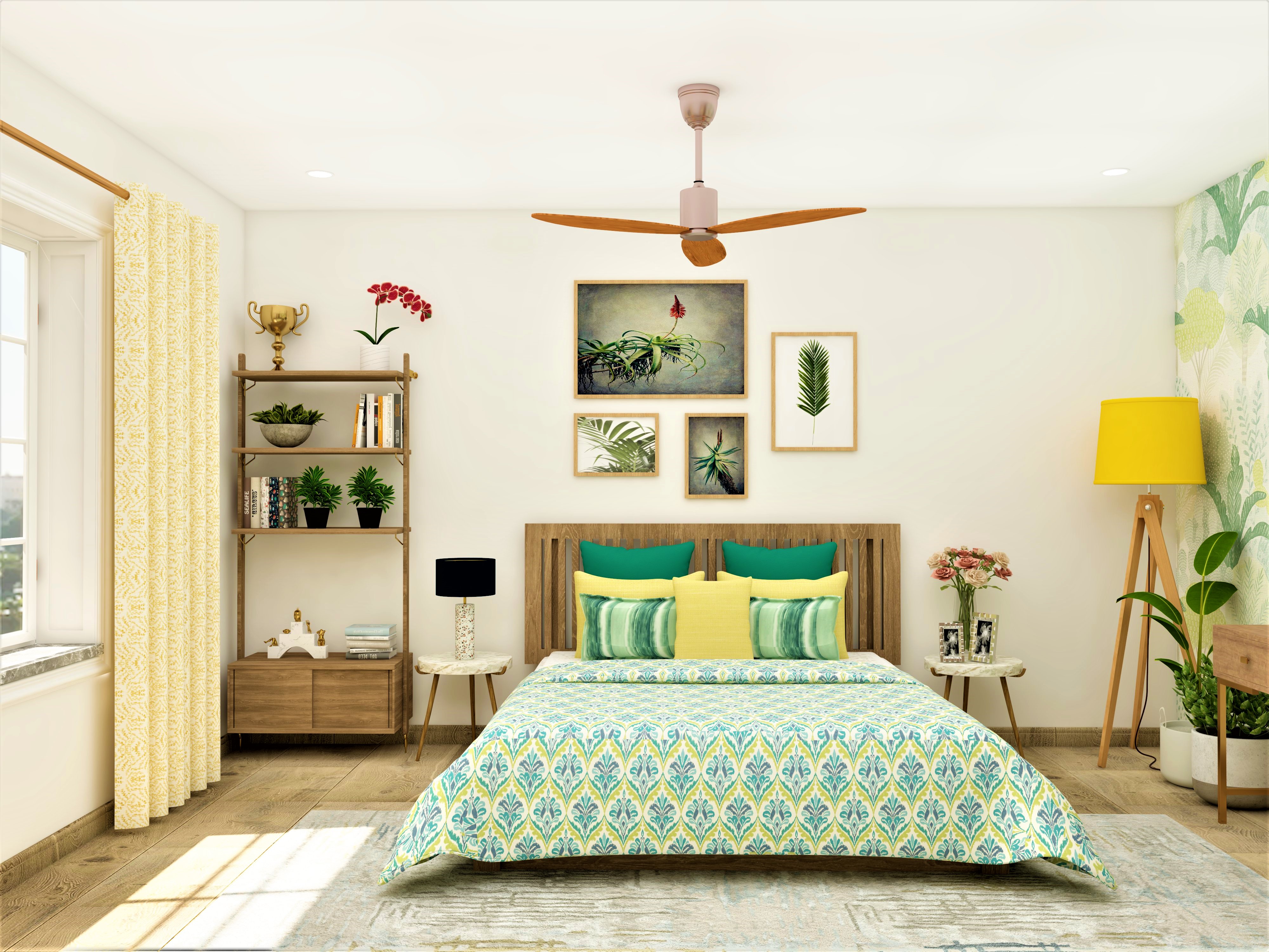 Tropical bedroom with queen bed and floor lamp-Beautiful Homes