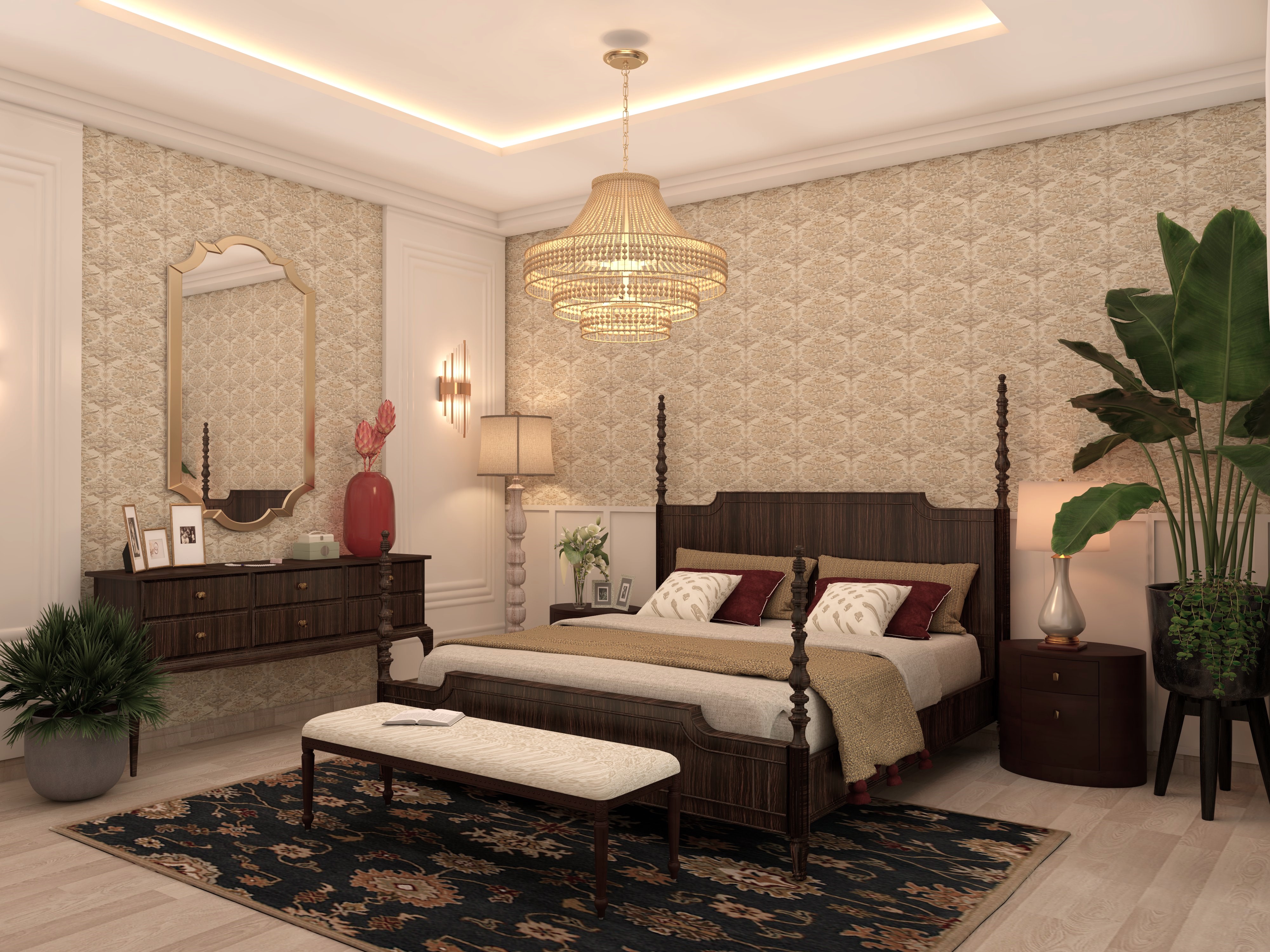 Vernacular bedroom with wooden poster bed and Sabyasachi wallpaper - Beautiful Homes