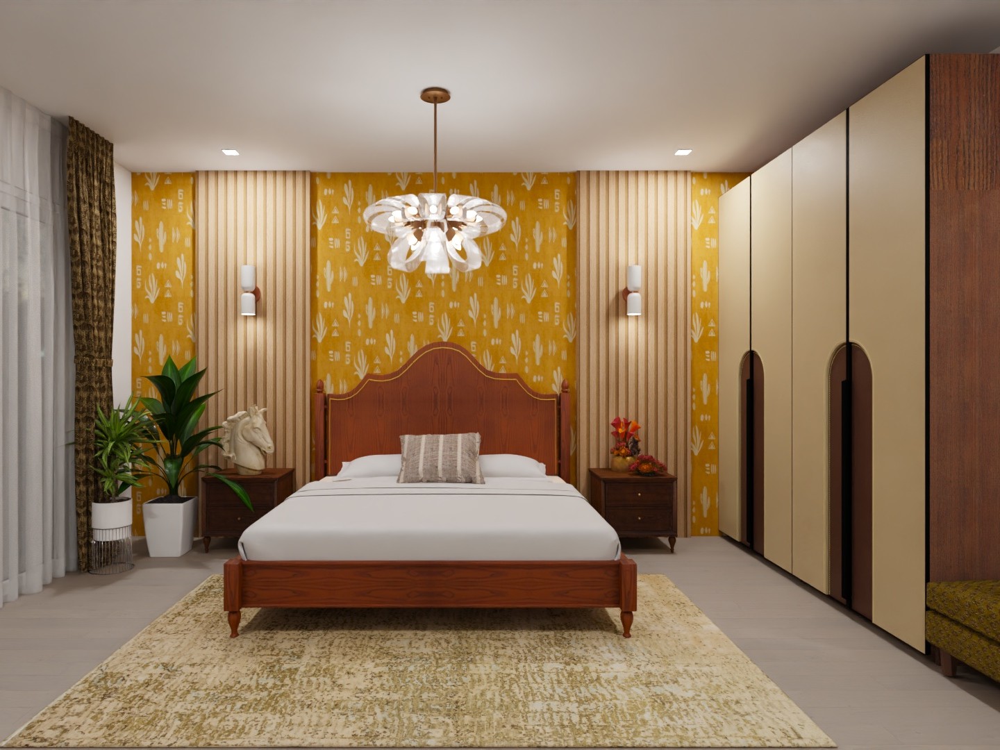 Elegant bedroom with warm yellow décor and wooden accents - Beautiful Homes