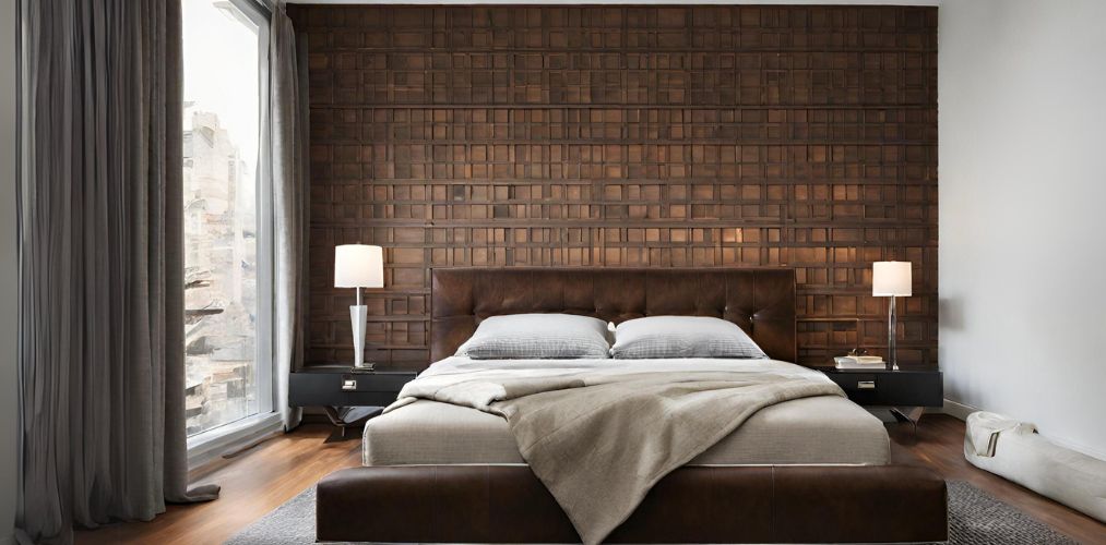 Vintage style bedroom with wooden paneling and leather upholstered headboard-Beautiful Homes