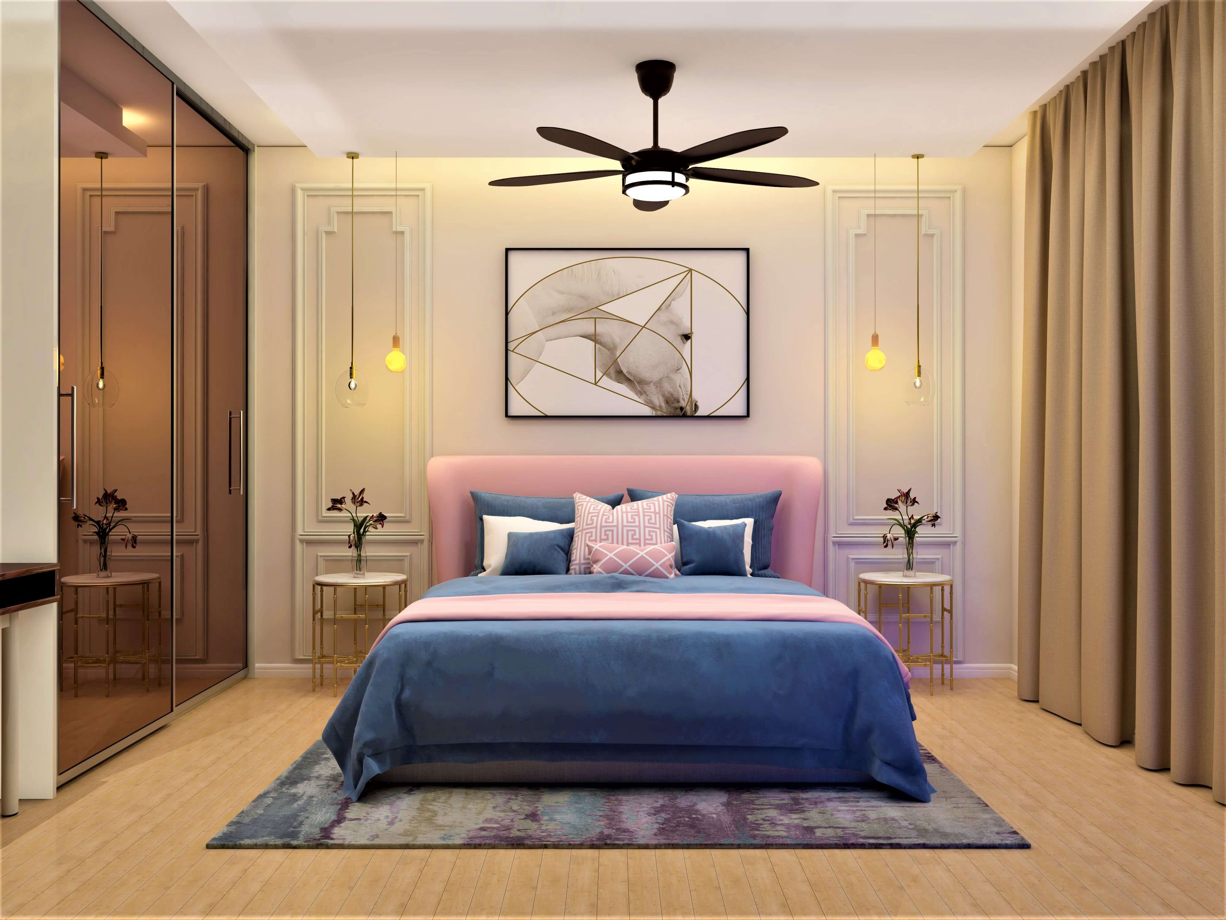 Warm and cozy pastel shaded bedroom design with symmetrical molding on the wall- Beautiful Homes