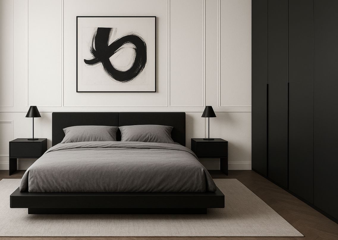 Modern bedroom with black furniture and grey bedding - Beautiful Homes
