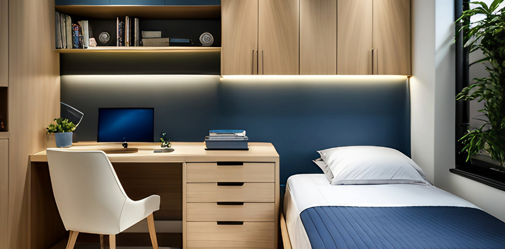White and blue modern bedroom with wooden study unit-Beautiful Homes