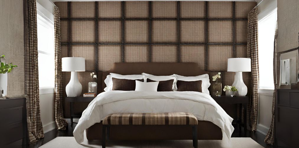 White and brown small bedroom with square wall panels-Beautiful Homes