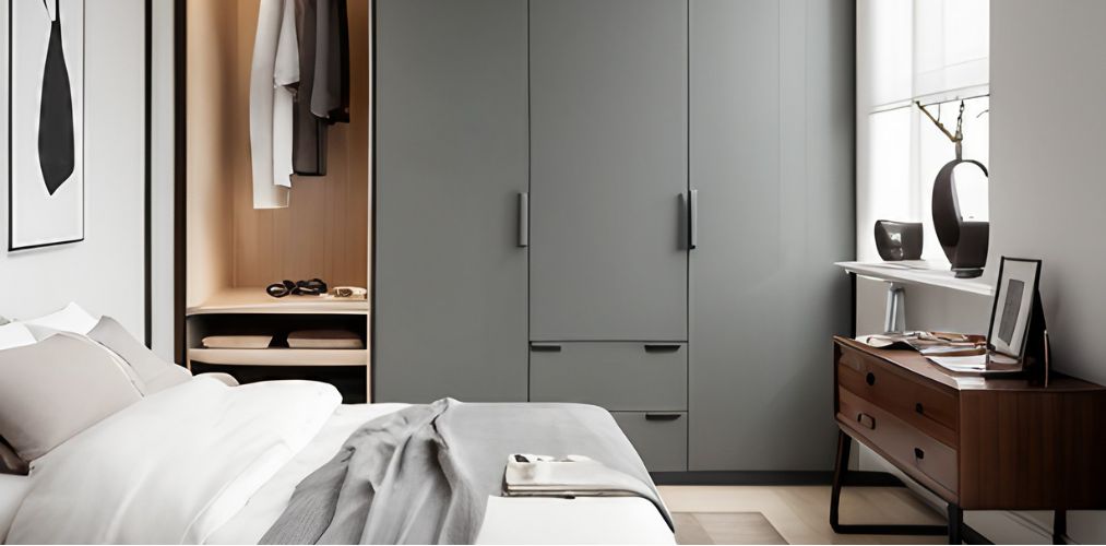 White and grey bedroom with modular wardrobe-Beautiful Homes