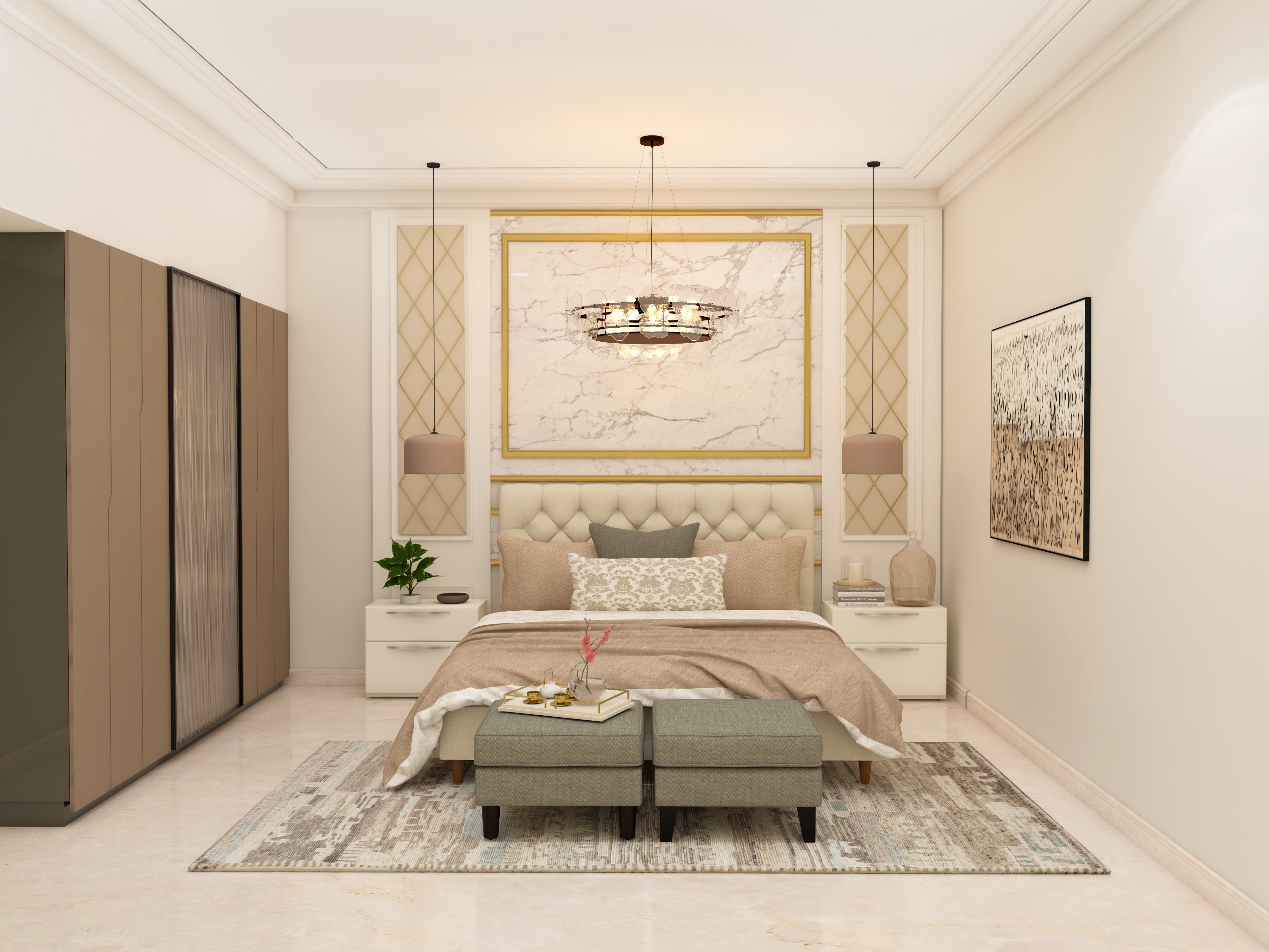 White bedroom with brown wardrobe and accents-Beautiful Homes