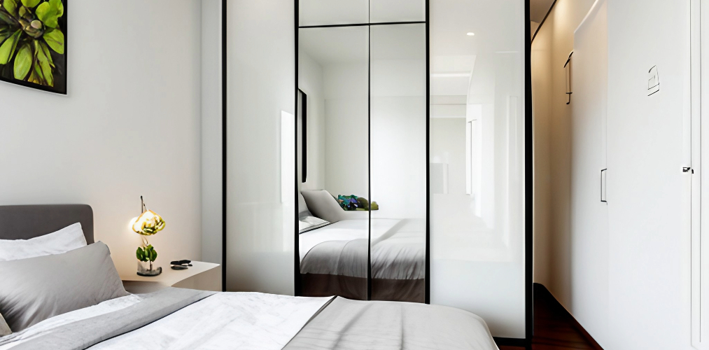 White bedroom with lacquered glass wardrobe and mirror-Beautiful Homes
