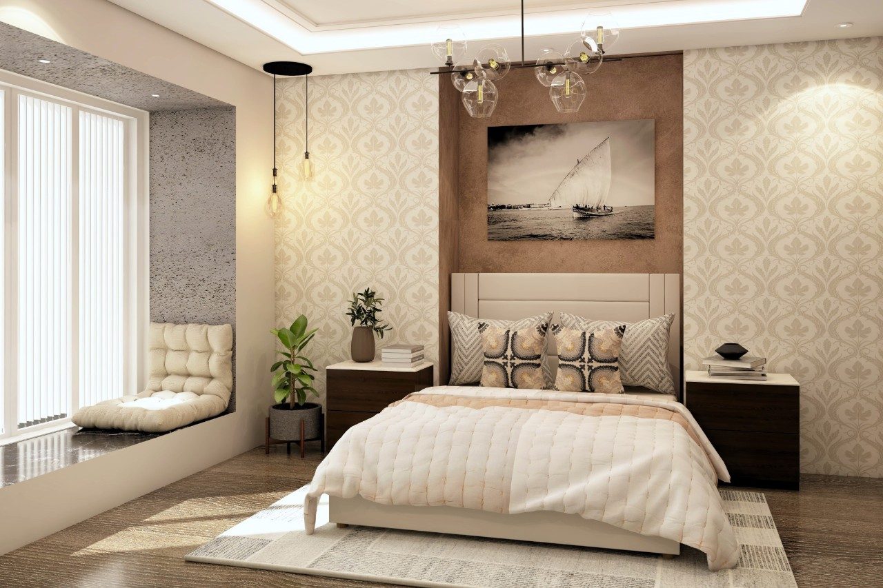 White bedroom with low seating and wooden flooring-Beautiful Homes