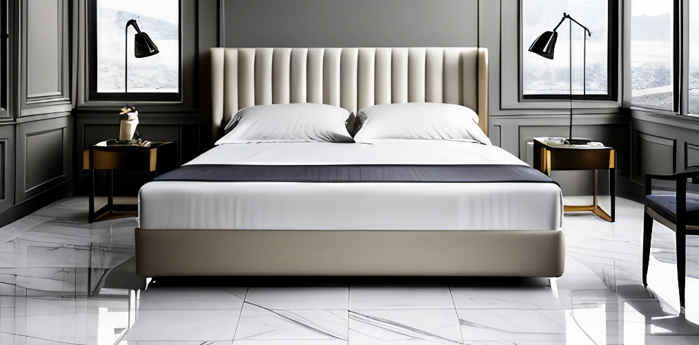 White double bed with marble flooring and grey paneling for a luxury bedroom-Beautiful Homes
