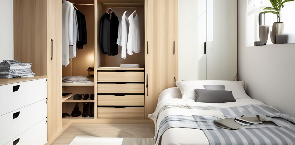 White bedroom with wooden modular wardrobe-Beautiful Homes