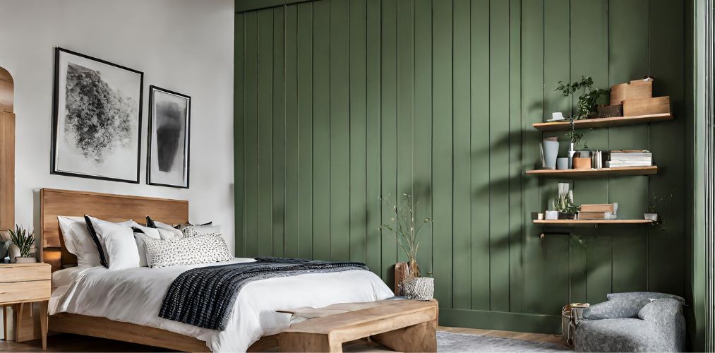 Wooden bedroom design with green wall paneling and floating shelves-Beautiful Homes