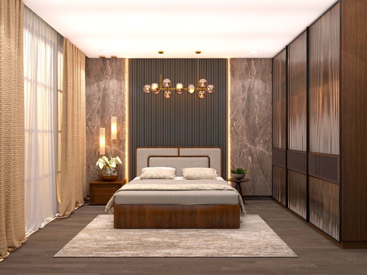 Wooden master bedroom with grey fluted paneling and marble cladding-Beautiful Homes