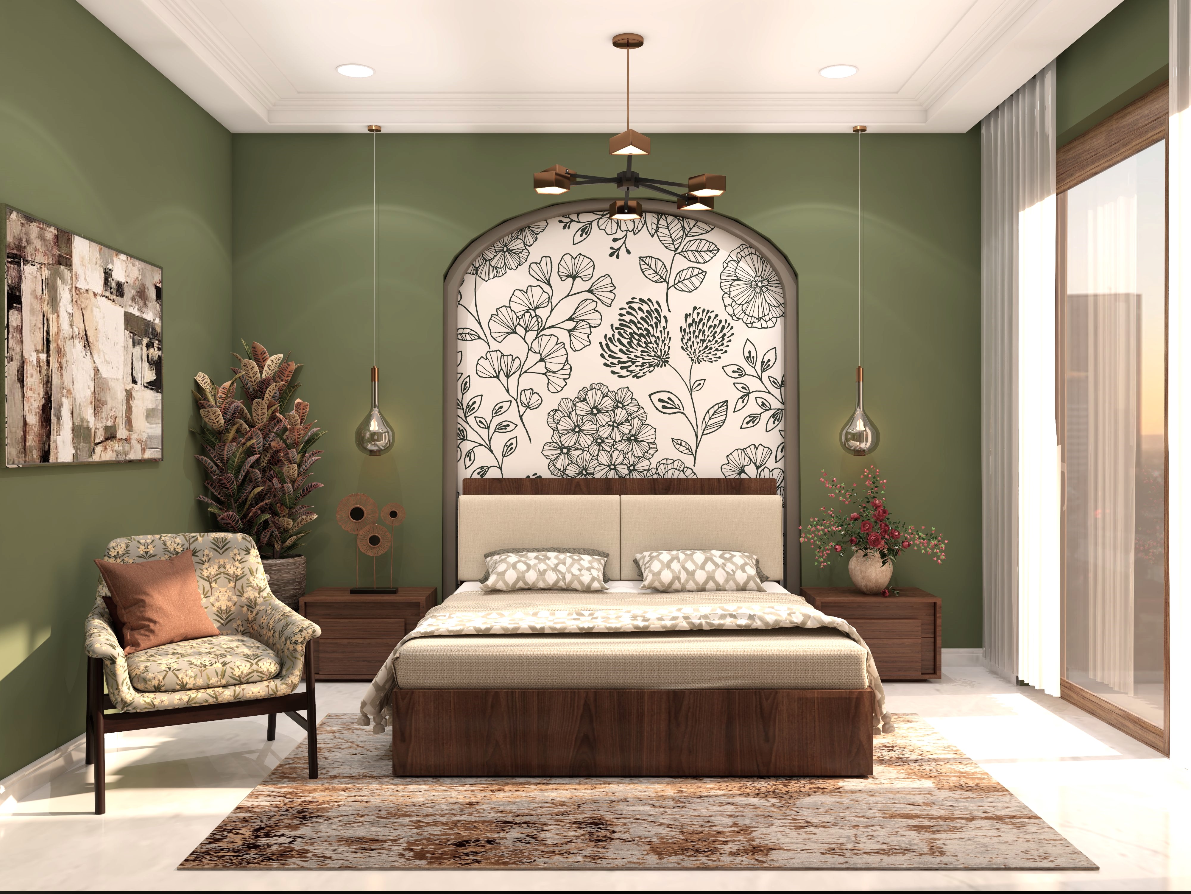 Wooden master bedroom with olive green walls-Beautiful Homes