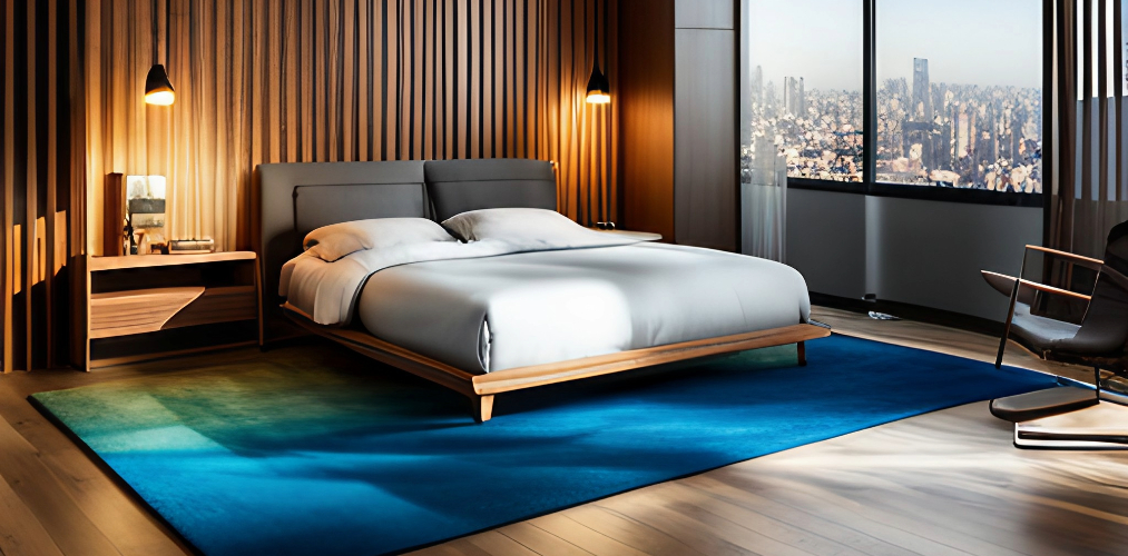 Wooden tiles for bedroom with colorful carpet-Beautiful Homes