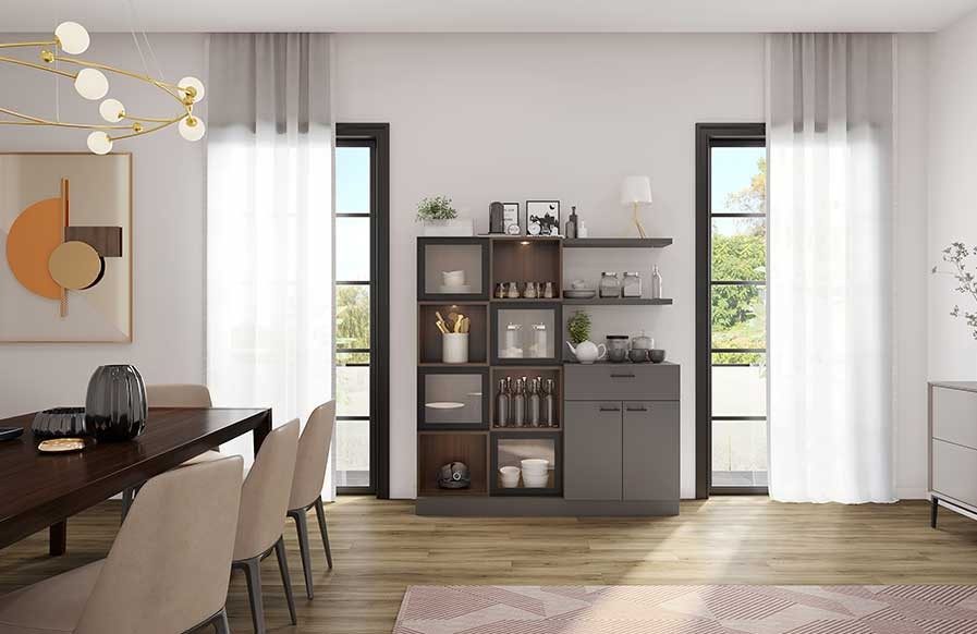 A neutral yet stylish modern crockery unit in a living room - Beautiful Homes