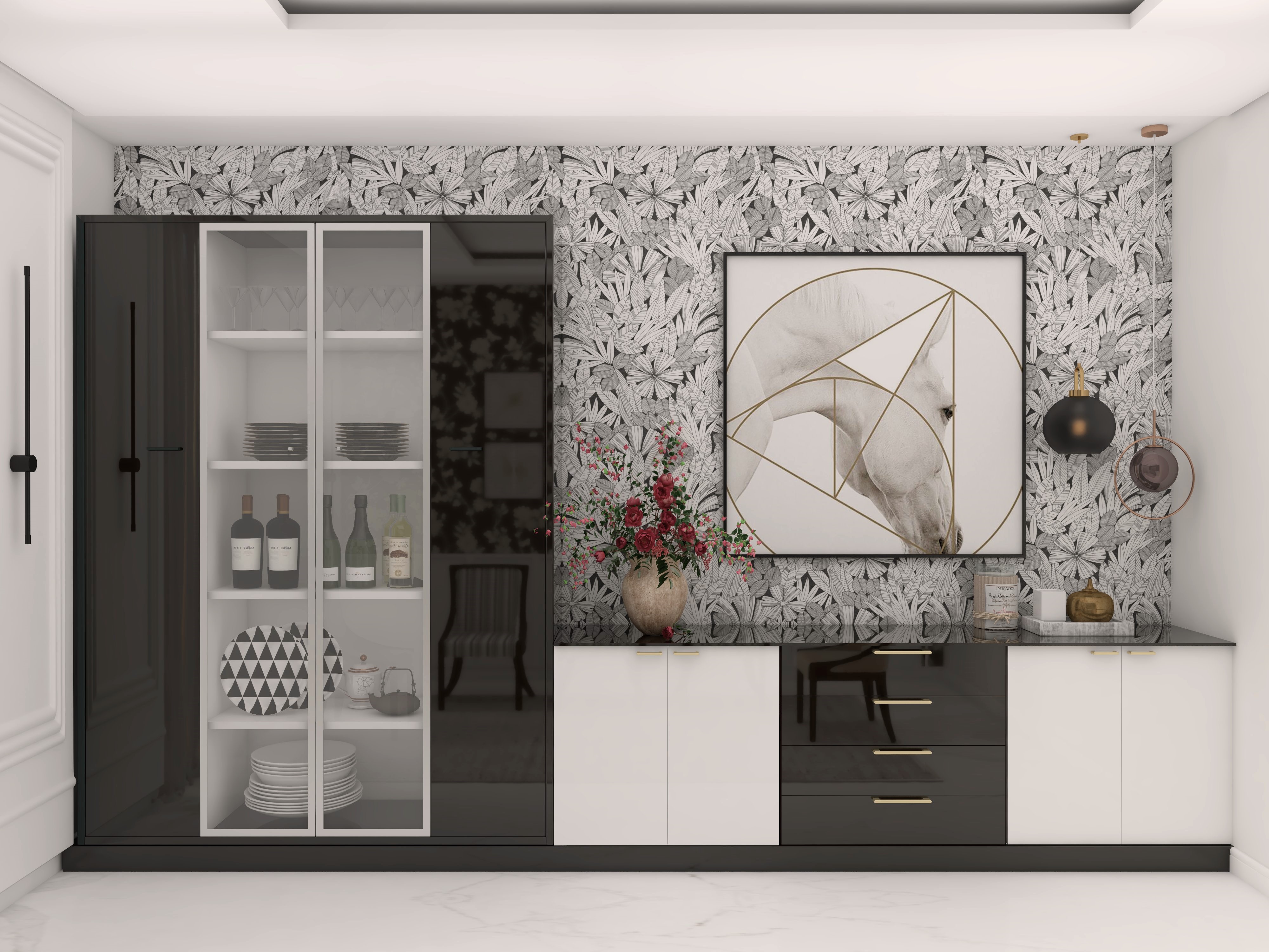 Black and white crockery unit with wallpaper - Beautiful Homes