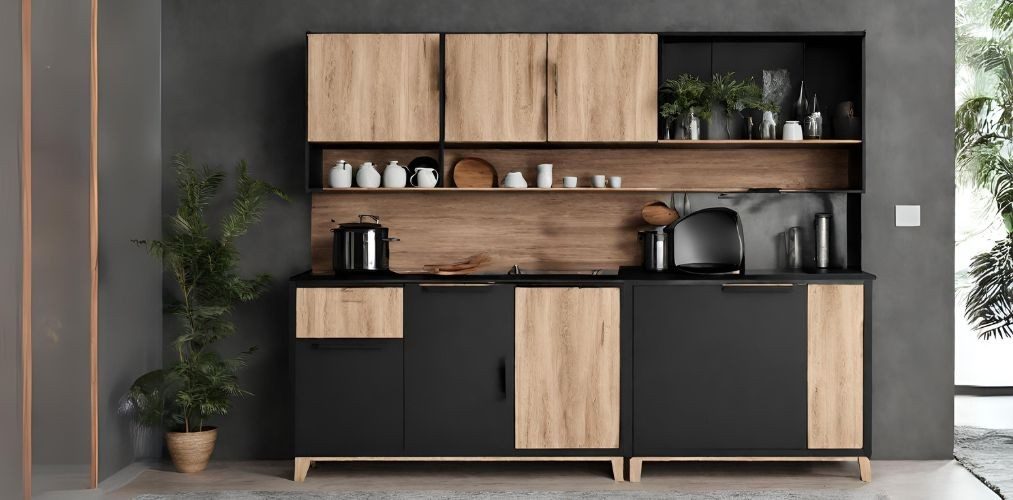 Black and wood crockery unit near kitchen - Beautiful Homes