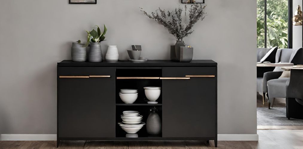 Black floor mounted crockery unit with open shelves - Beautiful Homes