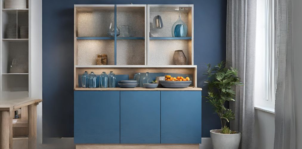 Blue crockery unit in living room with glass storage - Beautiful Homes