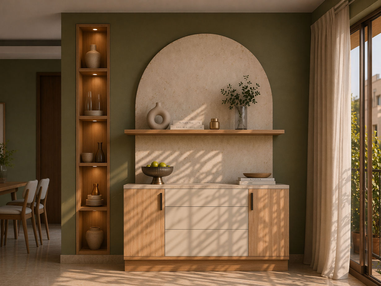 Modern crockery unit with a light oak frame, cream center drawers and wood side cabinets - Beautiful Homes