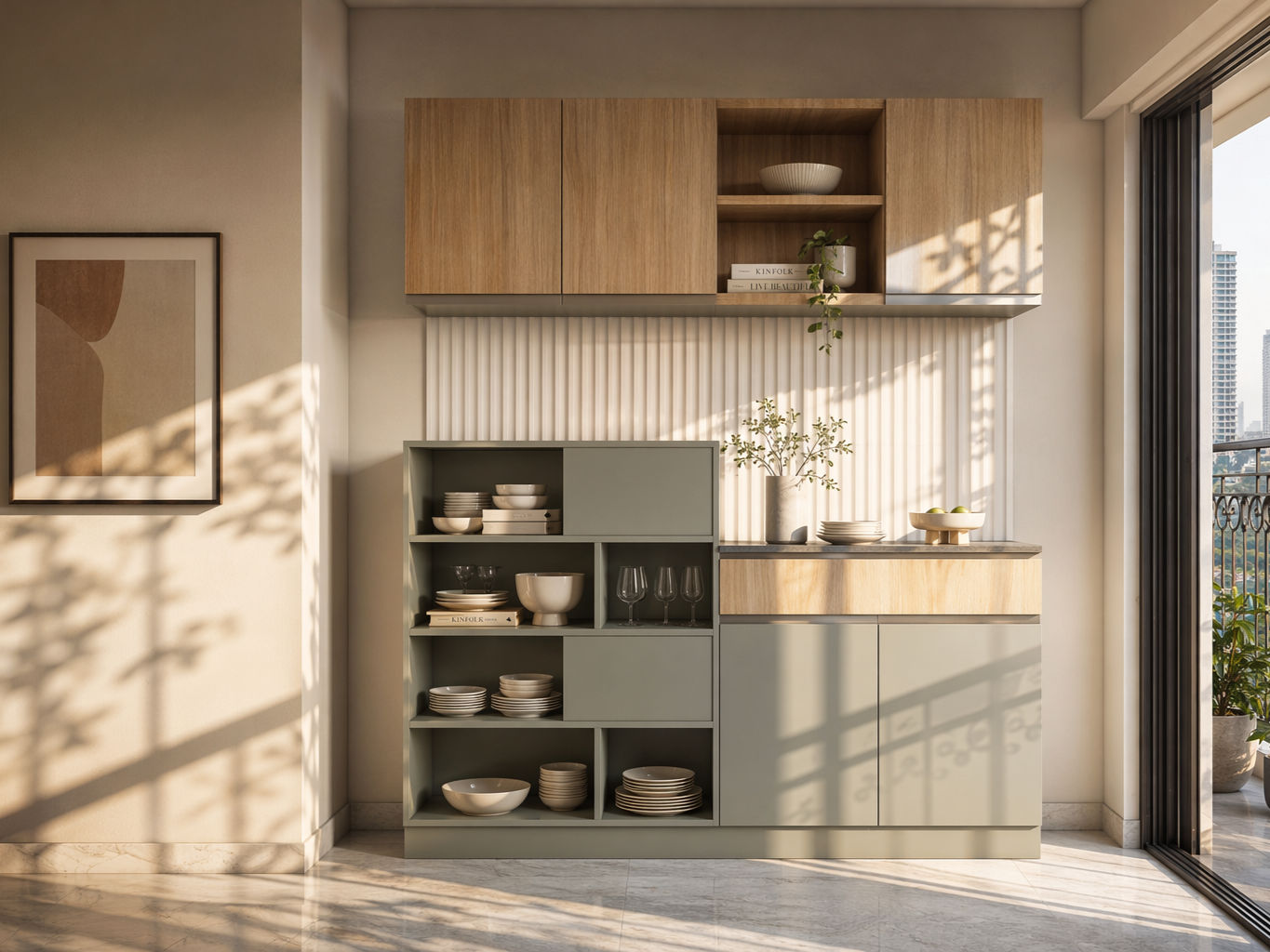 Contemporary crockery unit with light oak wall cabinets, sage green base storage, open display shelves, and a dark stone countertop - Beautiful Homes