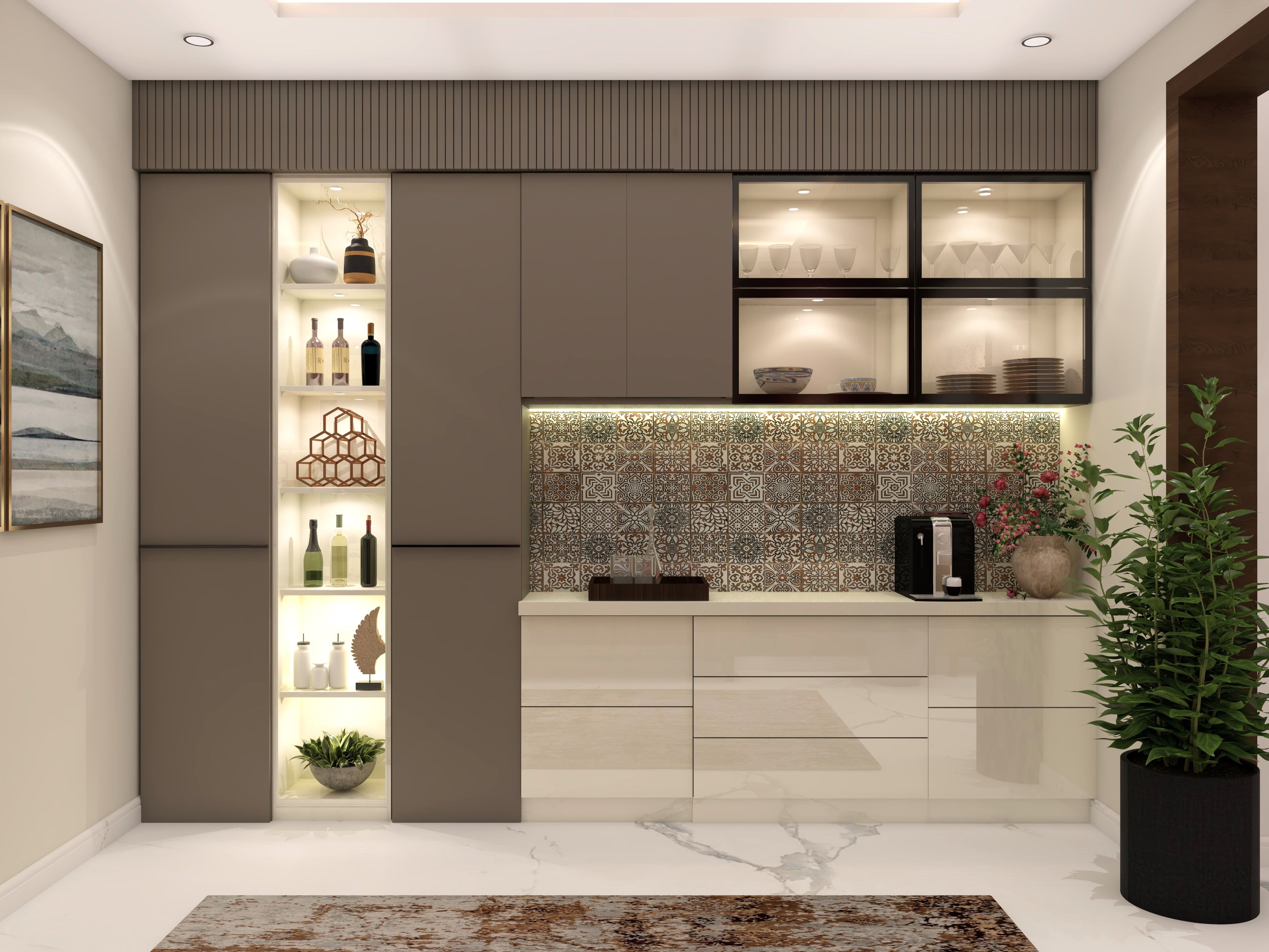 Modern crockery unit with built-in cabinets and patterned backsplash - Beautiful Homes