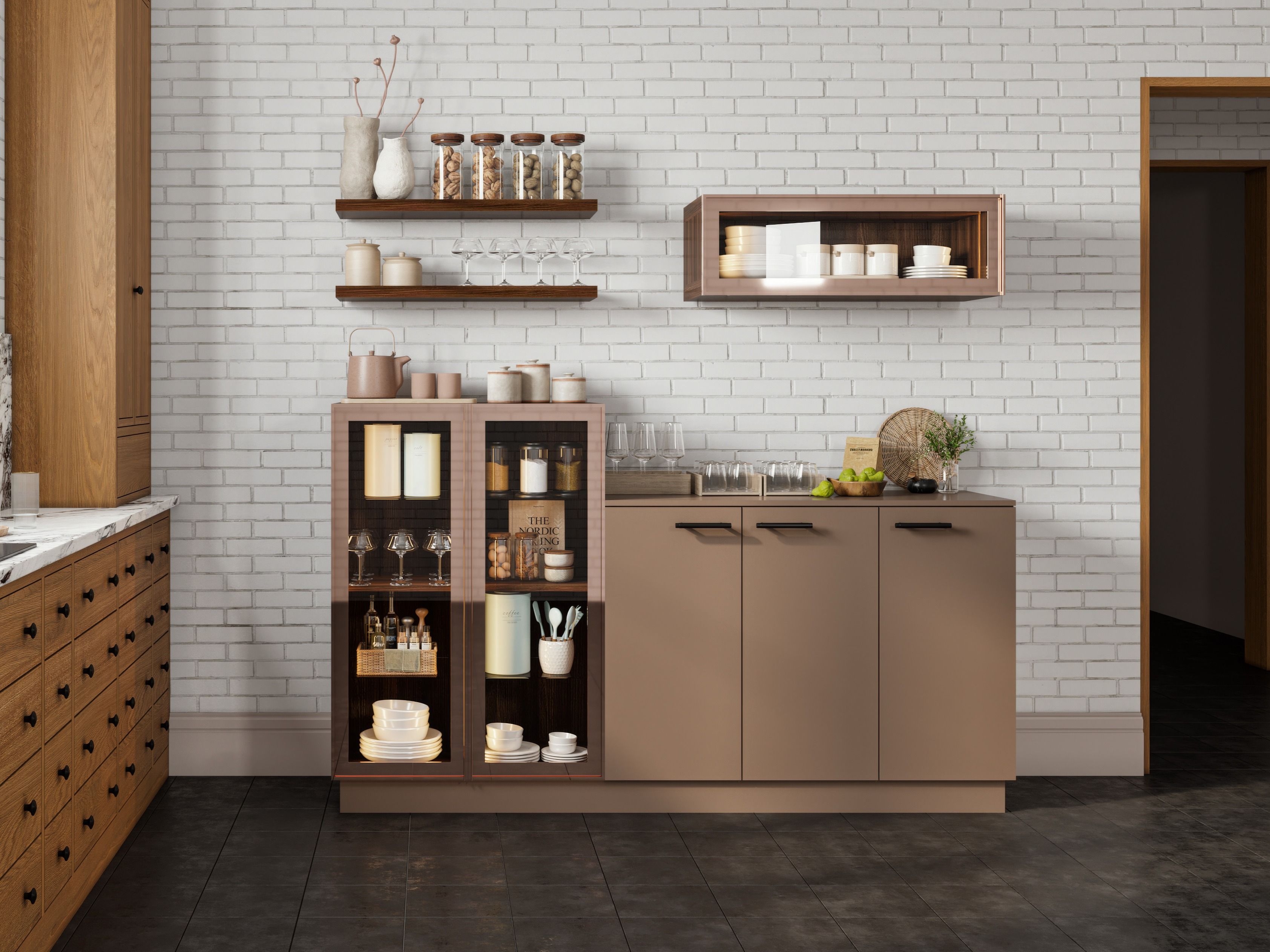 Contemporary crockery unit featuring glass cabinets, ceramic jars, and organized kitchenware - Beautiful Homes