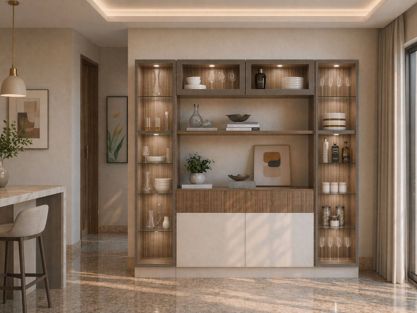 Built-in crockery unit with warm wood framing, glass display cabinets, open shelves, white base storage, and soft integrated lighting - Beautiful Homes