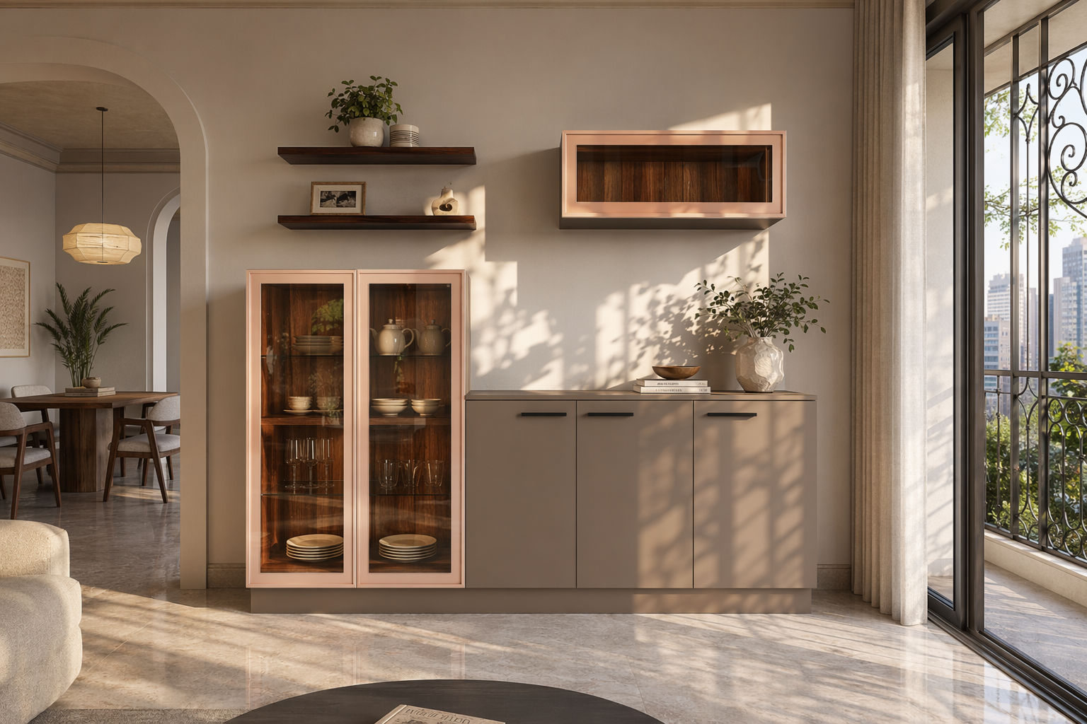 Modern crockery unit with a matte beige three-door credenza, a tall glass-front display cabinet with soft rose-toned framing, dark wood interior, and glass shelves - Beautiful Homes