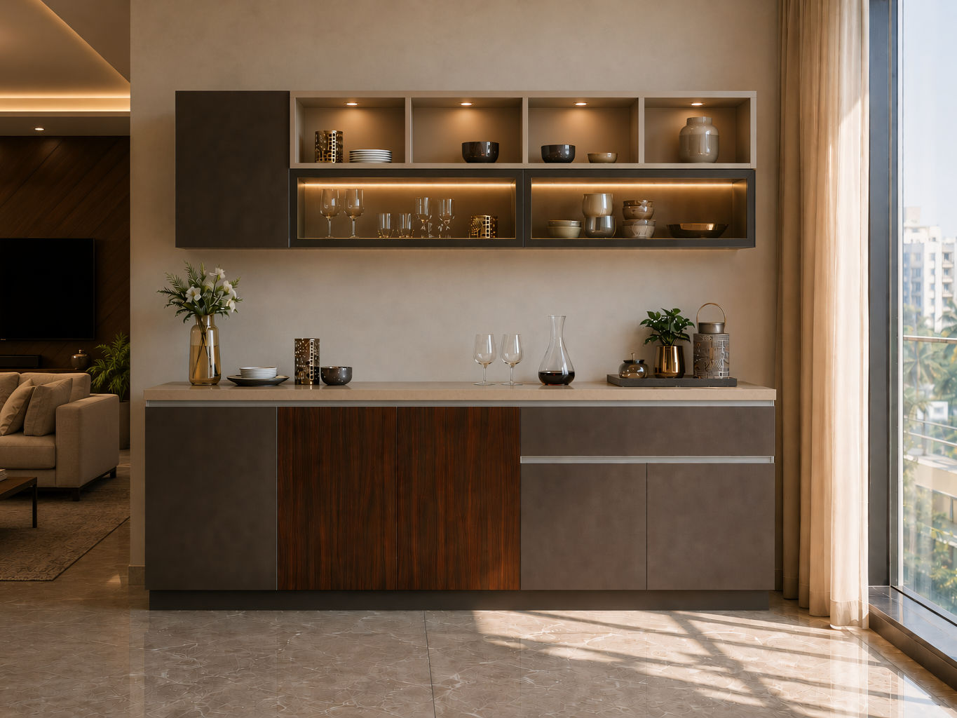 "Built-in crockery unit with a light stone countertop, dark wood and charcoal cabinetry - Beautiful Homes "