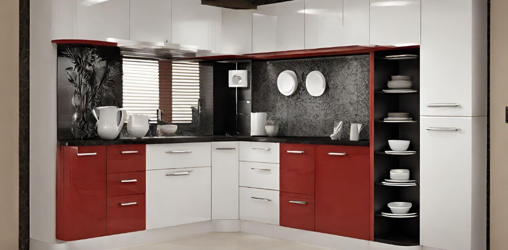 Corner crockery unit with red and white storage - Beautiful Homes