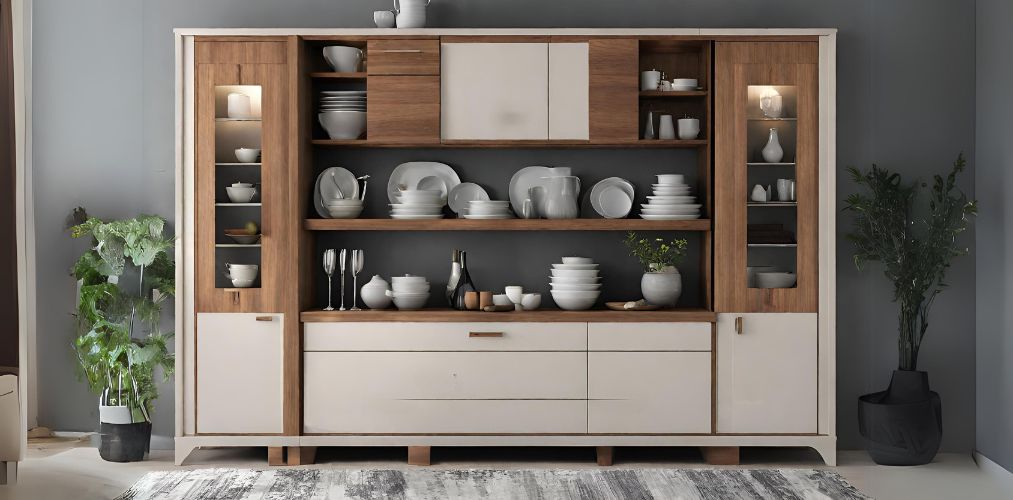 Cream and wooden crockery unit with open shelves-Beautiful Homes