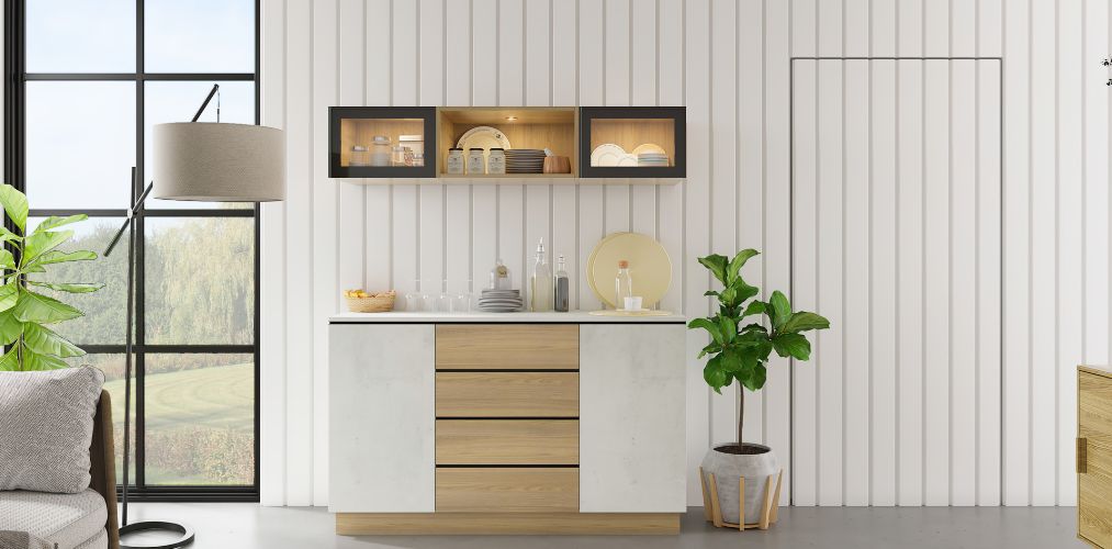 Crockery unit design with cabinets and wall paneling-Beautiful Homes