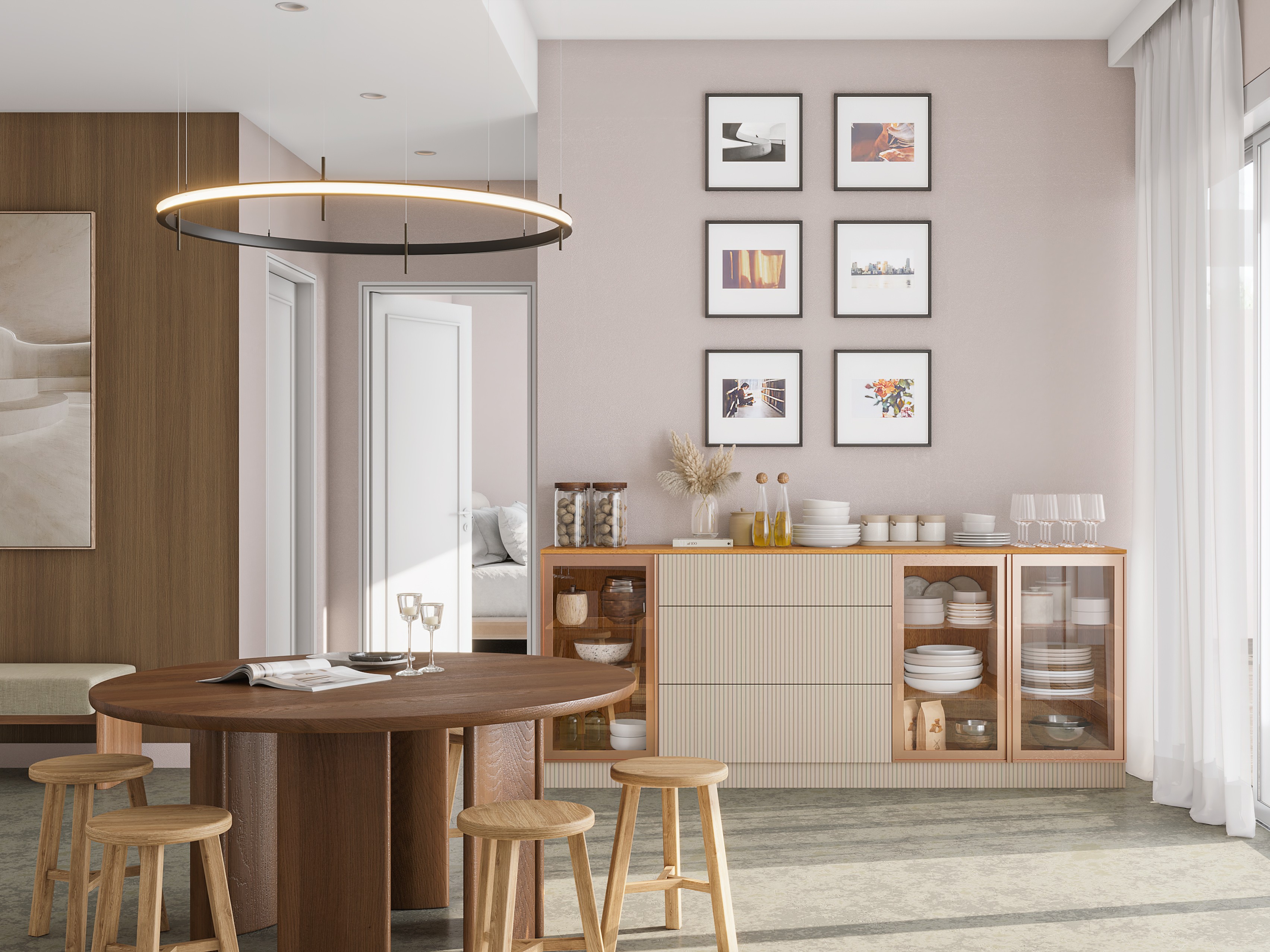 Dining room with round table and wooden décor - Beautiful Homes