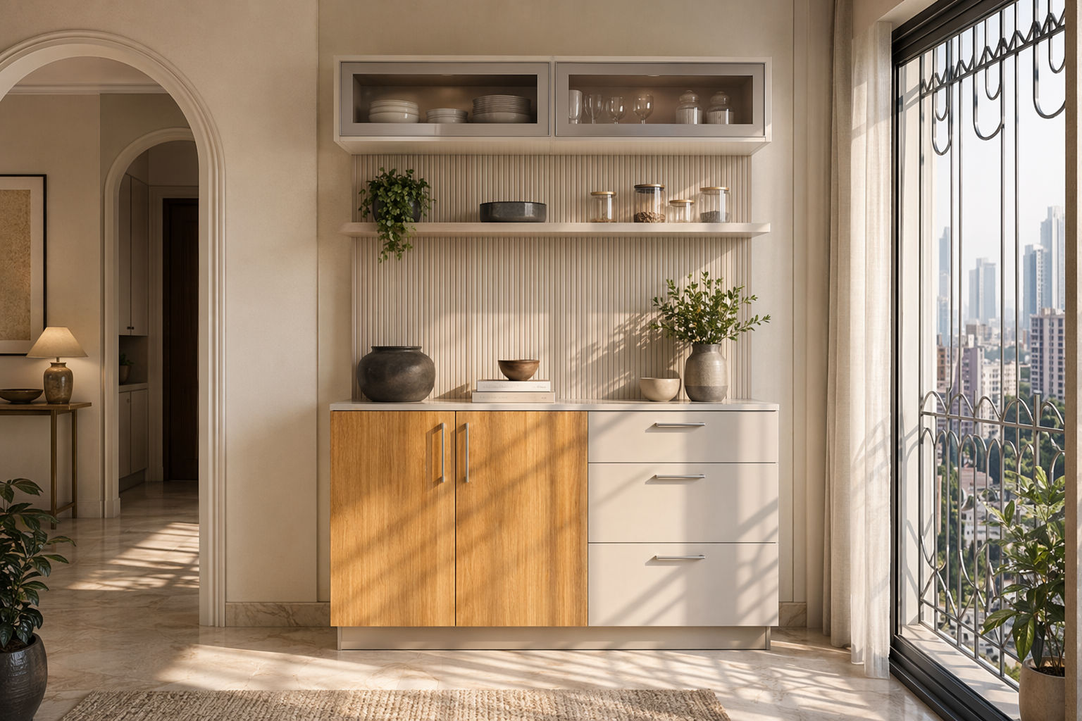 Modern crockery unit with light oak cabinet doors, matte white drawers, fluted cream wall paneling, and upper glass-front display cabinets - Beautiful Homes