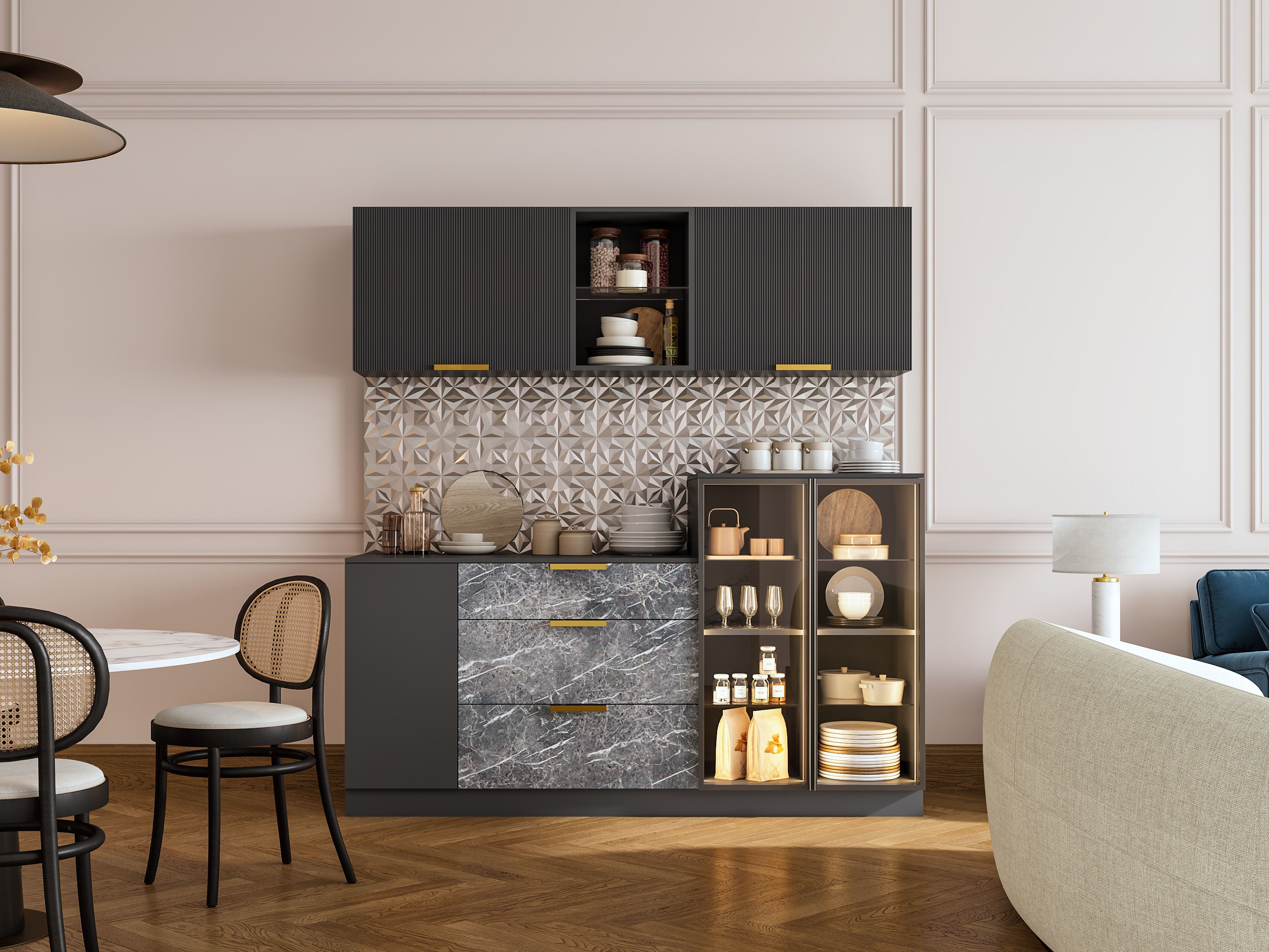 Stylish crockery unit featuring fluted cabinets, glass displays, and gold accents - Beautiful Homes