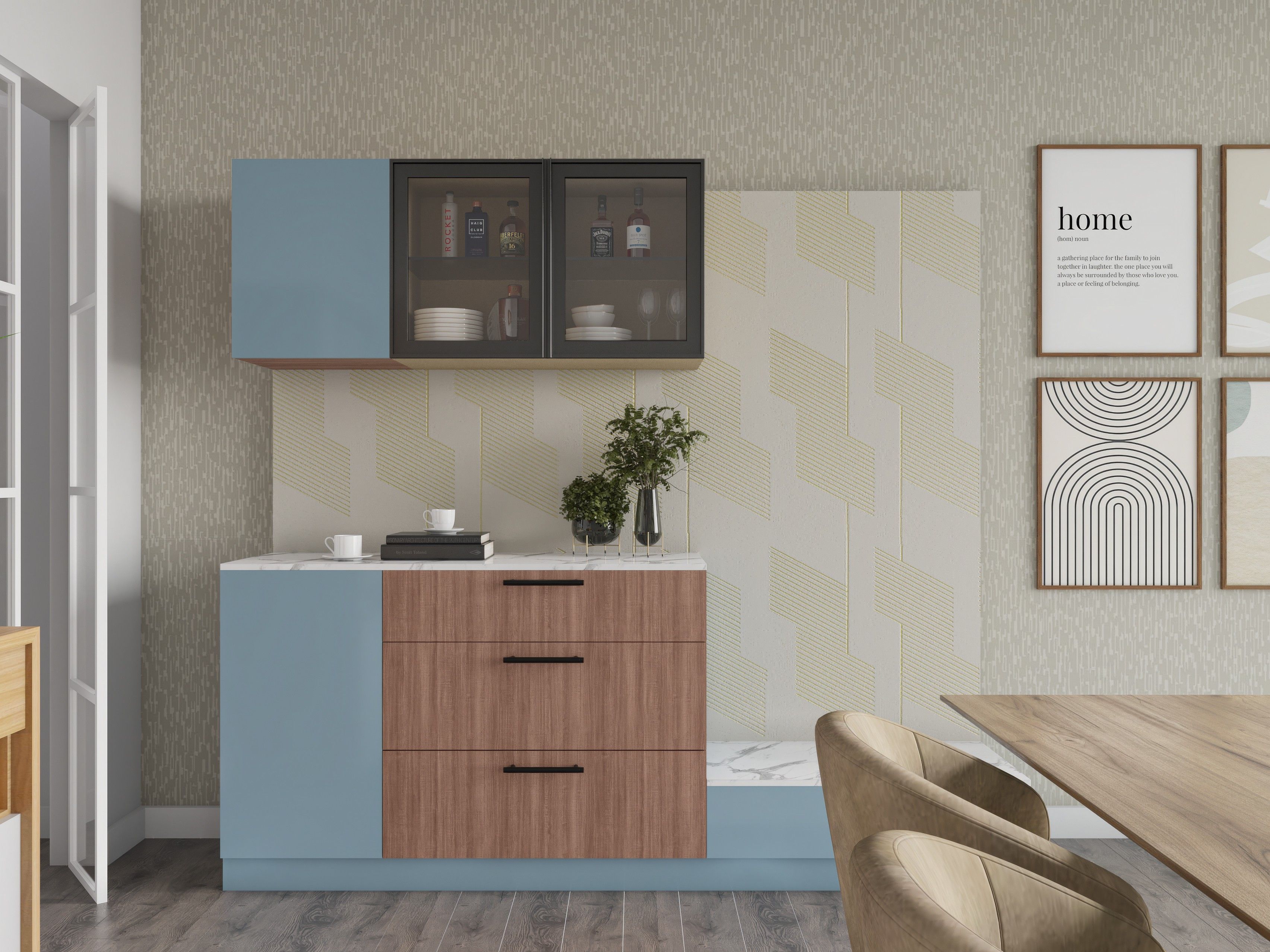 Crockery unit featuring glass cabinets, marble countertop, and decorative accents - Beautiful Homes