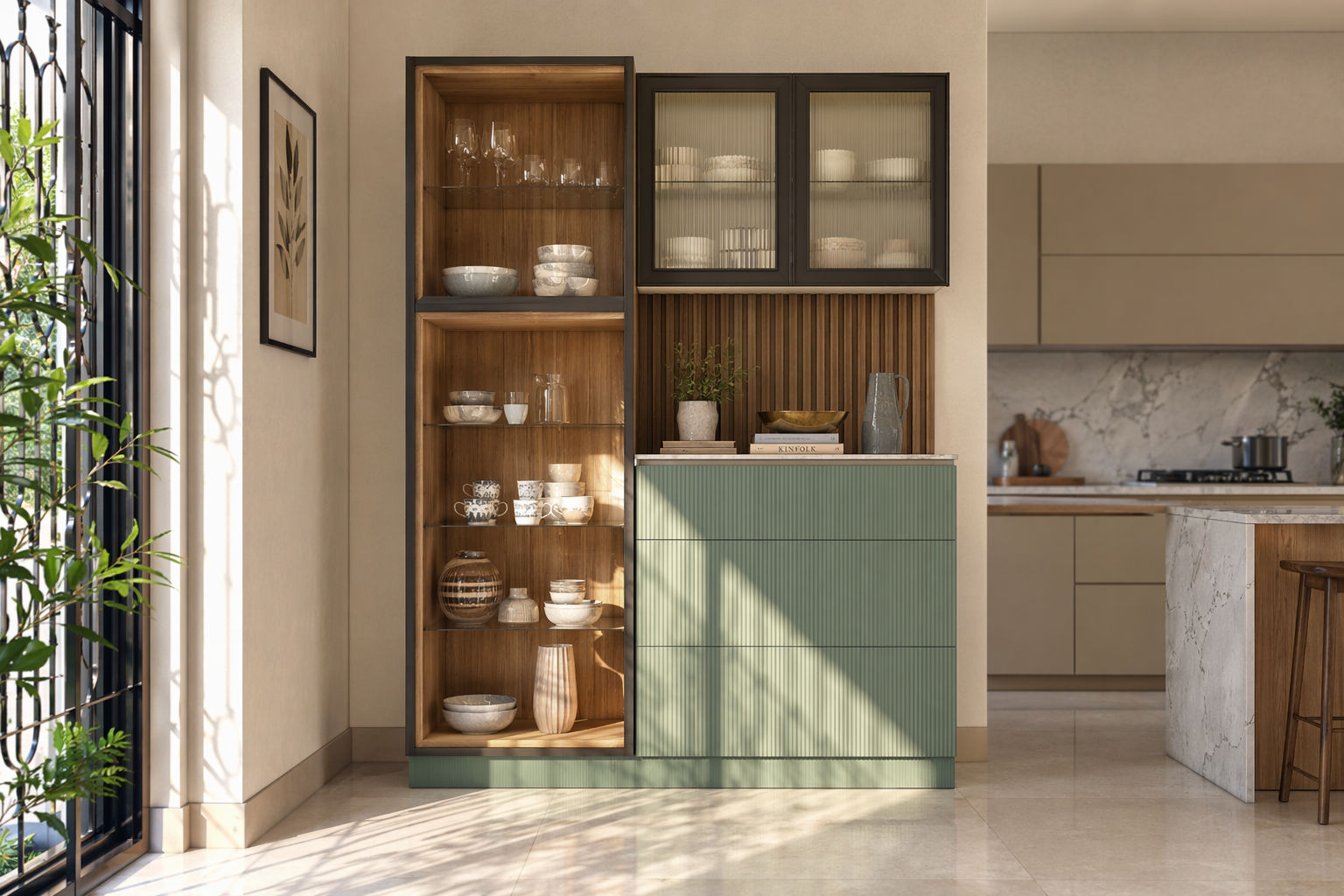 Built-in crockery unit with a fluted sage green lower cabinet, warm wood open shelving, and ribbed glass upper doors with dark frames - Beautiful Homes