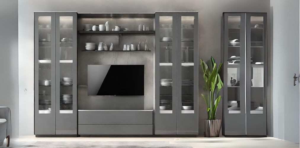 Glass crockery unit along with grey TV unit-Beautiful Homes