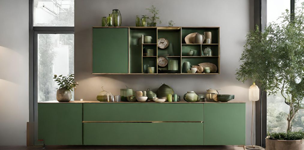 Green crockery unit with gold border accents - Beautiful Homes