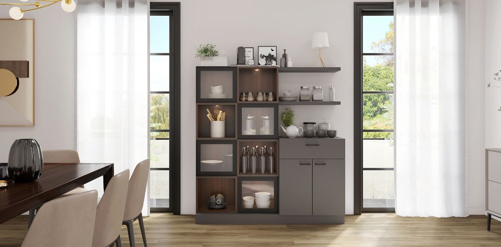 Grey crockery unit with shelves-Beautiful Homes